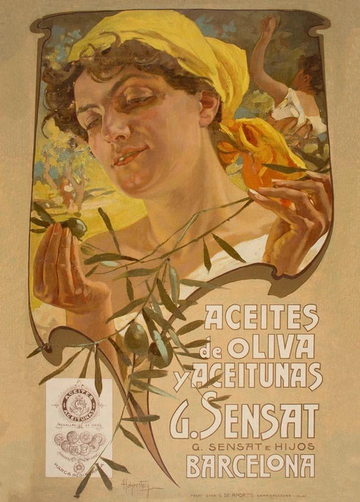 'Aceites de oliva y aceitunas', Spain, 1903, G. Sensat, Reproduction 200gsm A3 Vintage Art Nouveau Sports Poster - World of Art Global Limited
