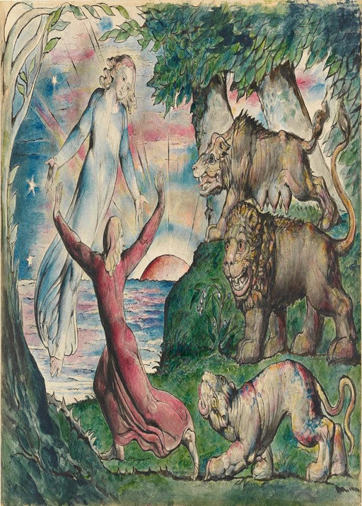 'Dante running from the three beasts' 1824-27, William Blake, England, Reproduction 200gsm A3 Vintage Poster - World of Art Global Limited