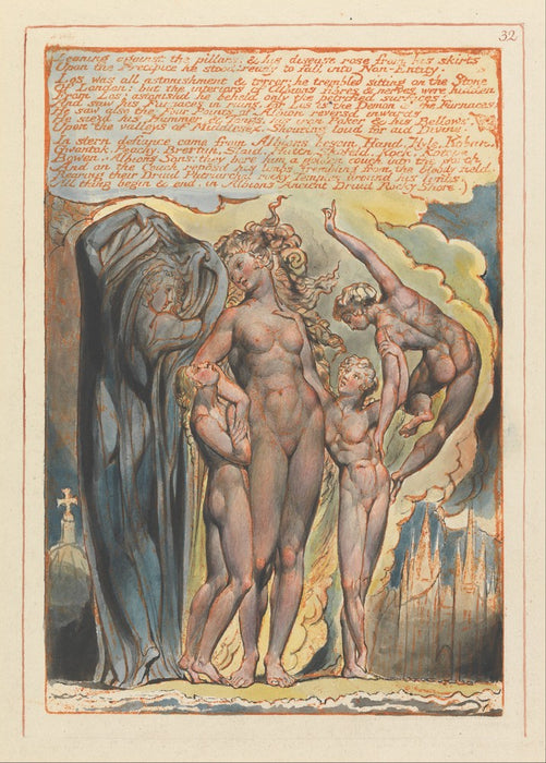 Jerusalem Plate 32 'Leaning against the pillars', William Blake, England, 1804-20., Reproduction 200gsm A3 Vintage Poster