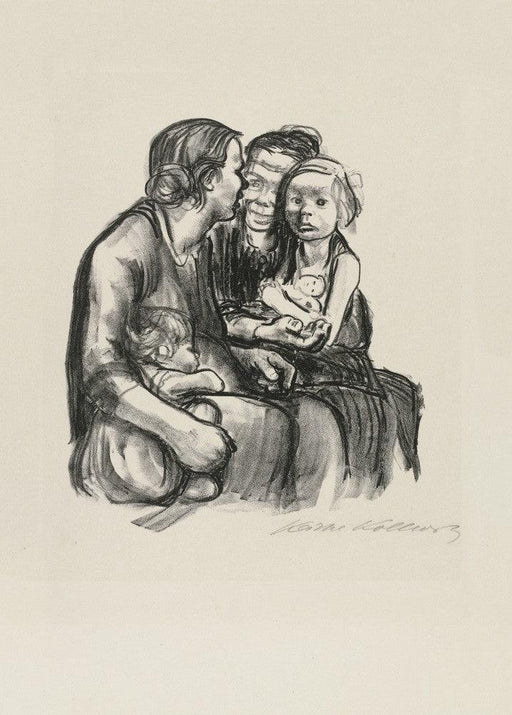 'Two Chatting Women with Two Children', 1930, Käthe Kollwitz, Reproduction 200gsm A3 Vintage German Expressionism Poster - World of Art Global Limited