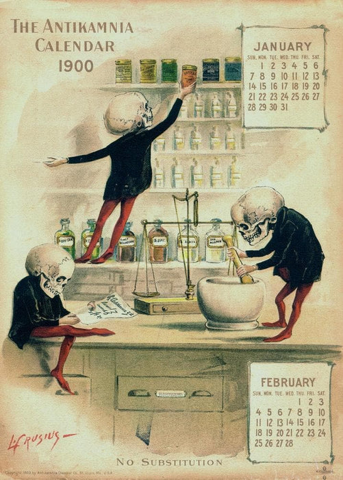 The Three Apothecaries, from 'The Antikamnia Calendar', reproduction 200gsm A3 antique pharmaceutical poster