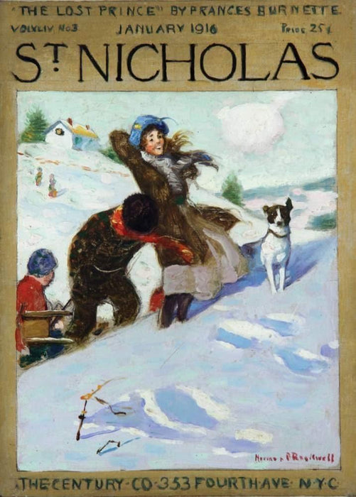 Norman Rockwell 'St. Nicholas, Girl in The Snow with her Dog', U.S.A, 1916, Reproduction 200gsm A3 Vintage Classic Art Poster